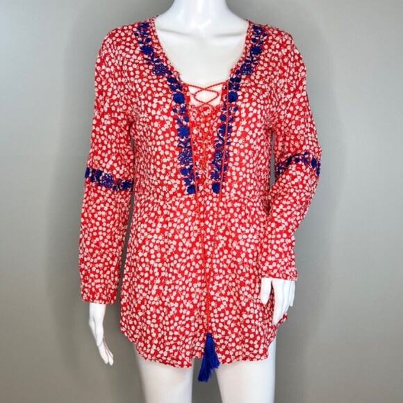 Solitaire Blouse Womens Medium‎ Red White Ditzy Floral Blue Embroidery Bohemian - Picture 2 of 7